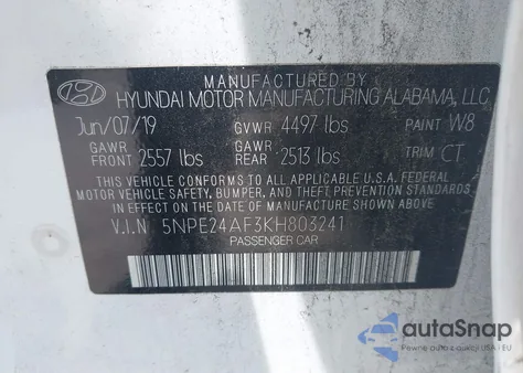 2019 Hyundai Sonata Se z USA, uszkodzony, nr VIN 5NPE24AF3KH803241